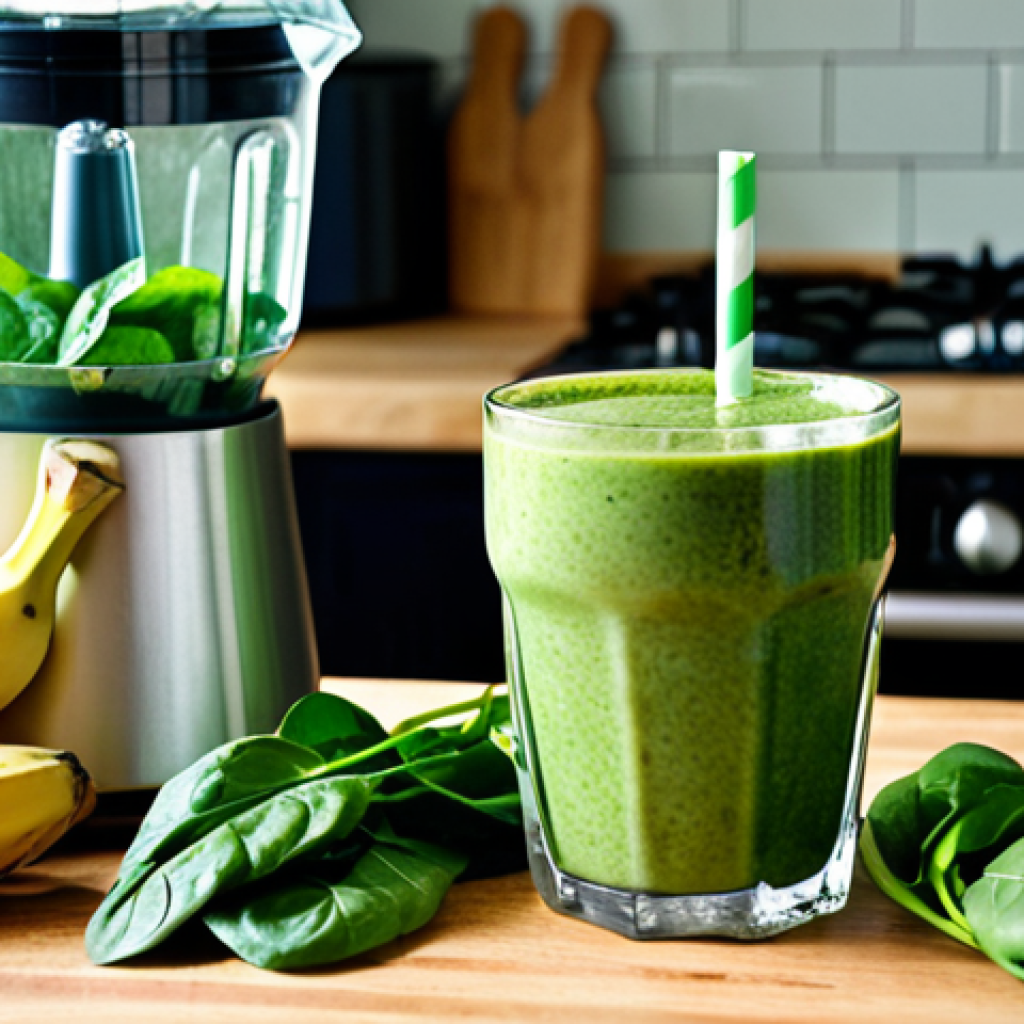 **A vibrant green smoothie with spinach, banana, apple, and ginger in a glass, surrounded by fresh spinach leaves and a blender in the background. Emphasize the feeling of freshness and well-being. Focus on naturally lit, bright photography.**