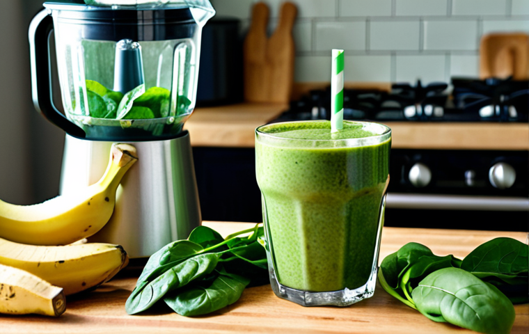 **A vibrant green smoothie with spinach, banana, apple, and ginger in a glass, surrounded by fresh spinach leaves and a blender in the background. Emphasize the feeling of freshness and well-being. Focus on naturally lit, bright photography.**