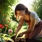 **

A serene woman gardening in a lush, vibrant garden filled with colorful flowers and herbs. Sunlight streams through the leaves, casting dappled shadows. She is smiling softly, her hands gently working the soil. The overall feeling is one of peace, connection with nature, and self-acceptance. Focus on warm, earthy tones and a sense of tranquility.

**