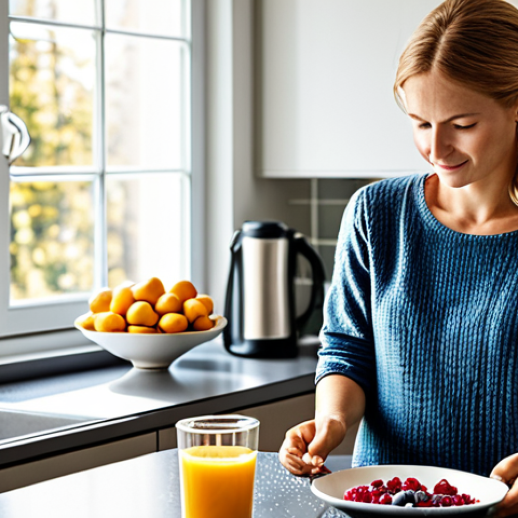우울증 예방을 위한 주말 식사 메뉴 - **Prompt:** A cozy weekend breakfast scene in a bright, modern German kitchen. A fully clothed woman...