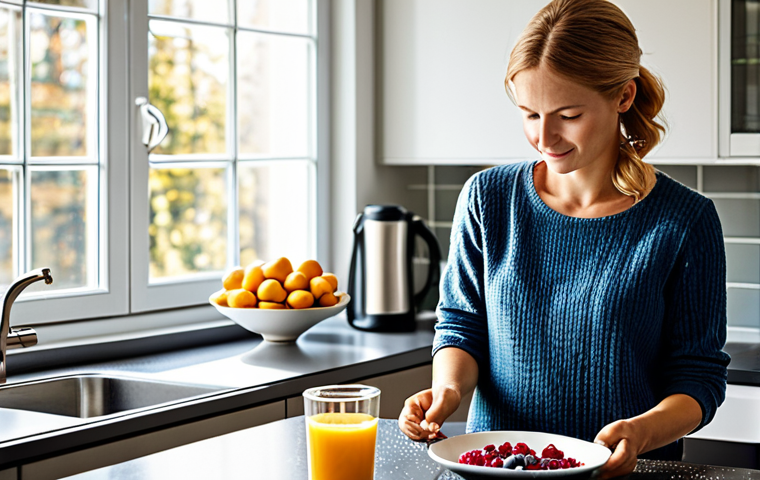 우울증 예방을 위한 주말 식사 메뉴 - **Prompt:** A cozy weekend breakfast scene in a bright, modern German kitchen. A fully clothed woman...