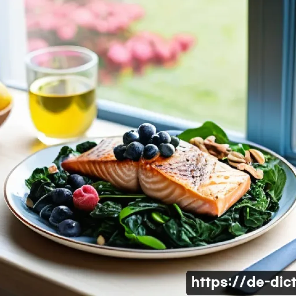우울증 예방을 위한 식품 선택 기준 - A vibrant, healthy German kitchen scene featuring a wooden table set with fresh, colorful foods know...
