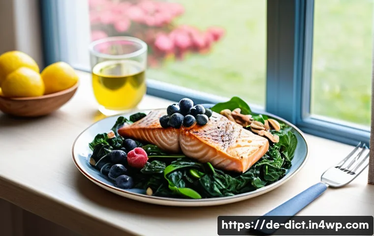 우울증 예방을 위한 식품 선택 기준 - A vibrant, healthy German kitchen scene featuring a wooden table set with fresh, colorful foods know...