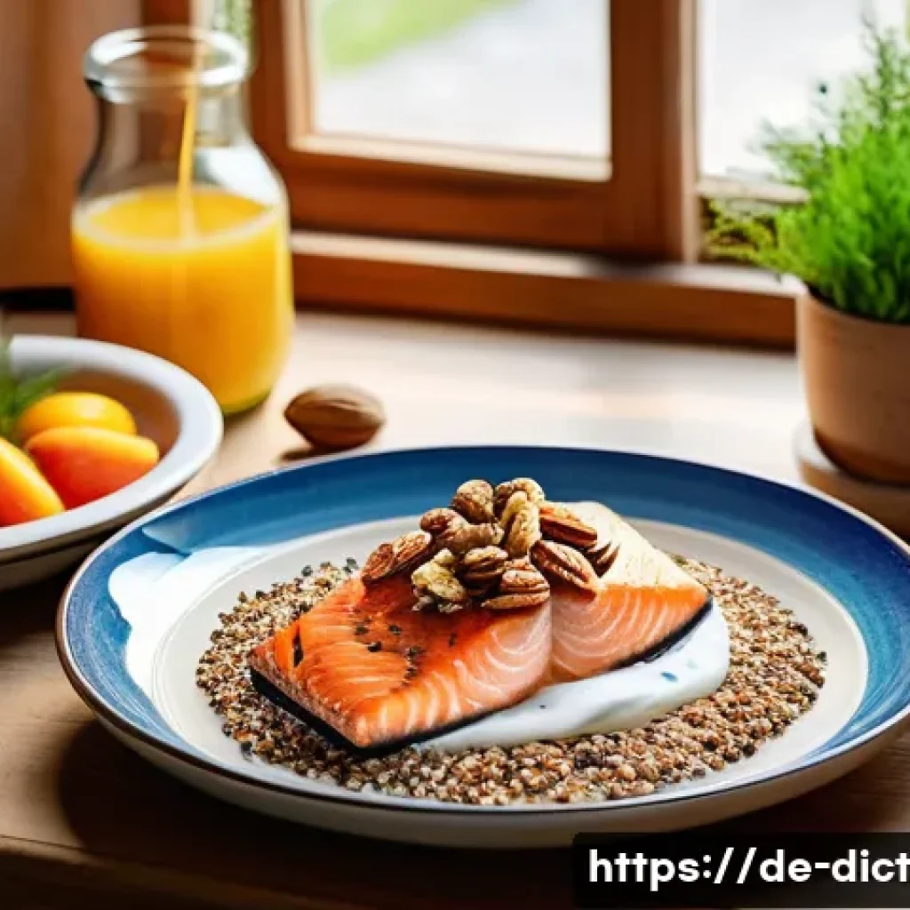 우울증과 정신 건강을 위한 식품 선택 - A vibrant, cozy German kitchen scene featuring a rustic wooden table with fresh omega-3 rich foods p...