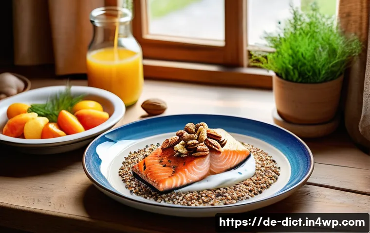 우울증과 정신 건강을 위한 식품 선택 - A vibrant, cozy German kitchen scene featuring a rustic wooden table with fresh omega-3 rich foods p...