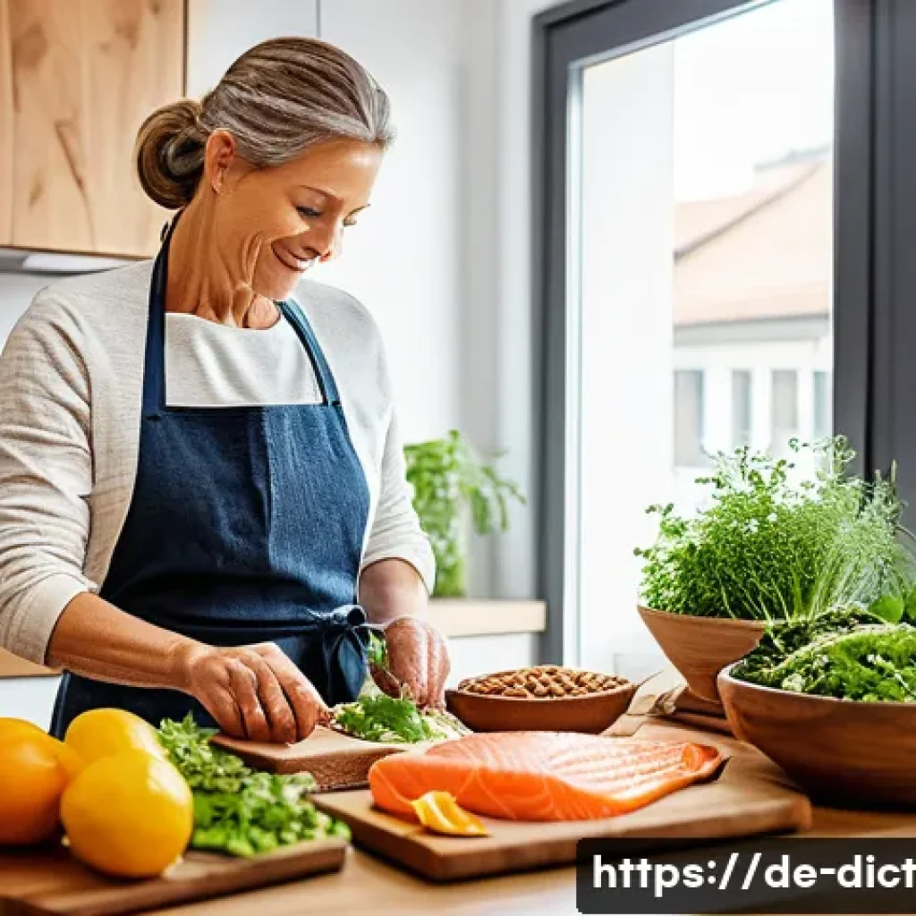 우울증 예방을 위한 필수 영양소 - A cozy German kitchen scene featuring a middle-aged person preparing a healthy meal rich in omega-3 ...