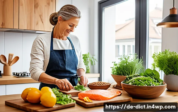 우울증 예방을 위한 필수 영양소 - A cozy German kitchen scene featuring a middle-aged person preparing a healthy meal rich in omega-3 ...