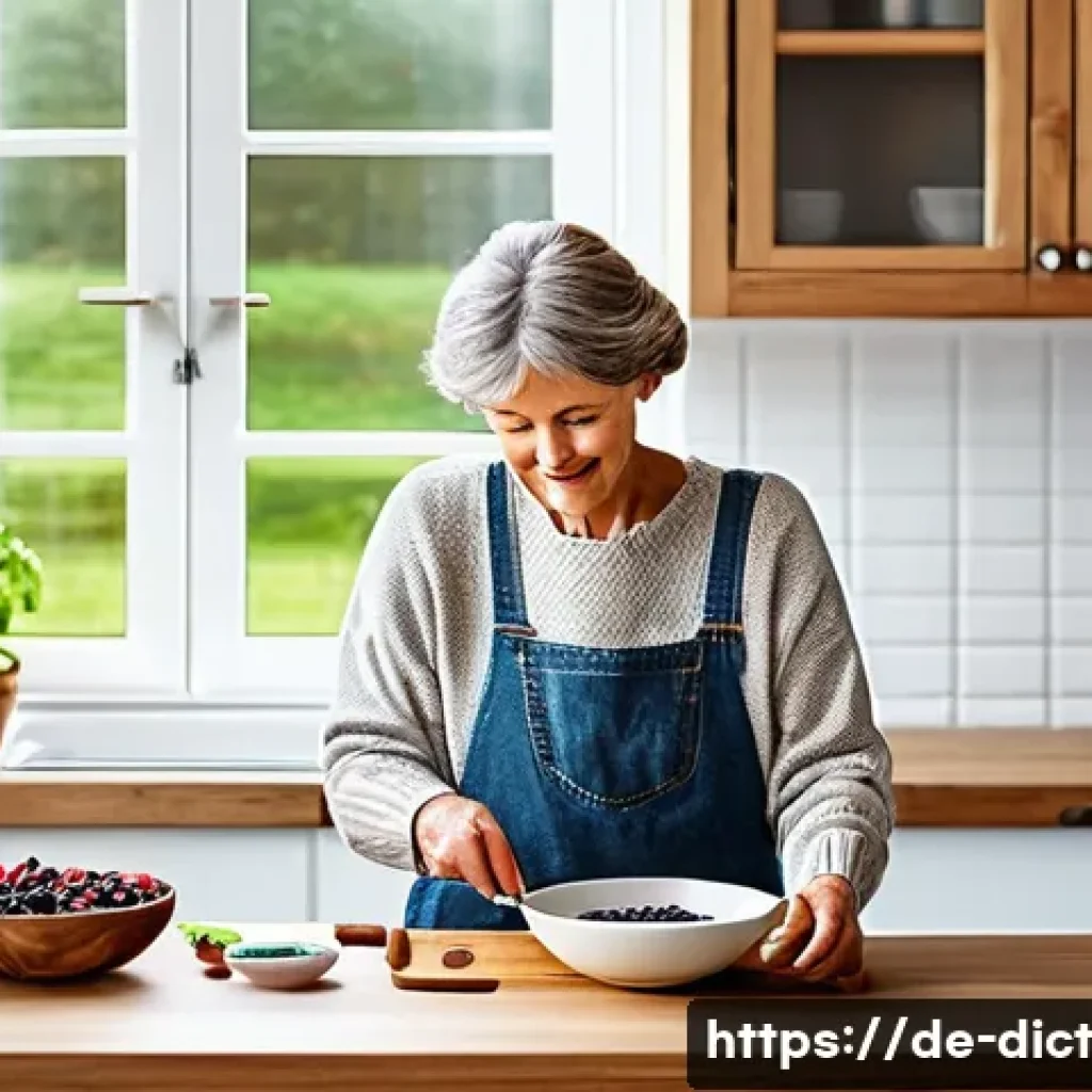 우울증과 관련된 식단의 변화 - A cozy German kitchen scene featuring a middle-aged woman preparing a healthy breakfast with a bowl ...