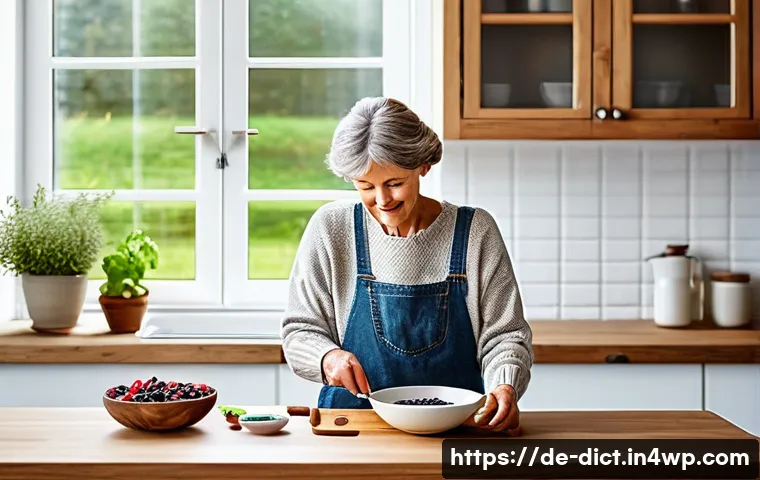 우울증과 관련된 식단의 변화 - A cozy German kitchen scene featuring a middle-aged woman preparing a healthy breakfast with a bowl ...