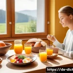 Home 22 우울증 예방을 위한 영양소 섭취 시간 - A bright, modern German kitchen scene in the morning with a person sitting at a breakfast table, wea...