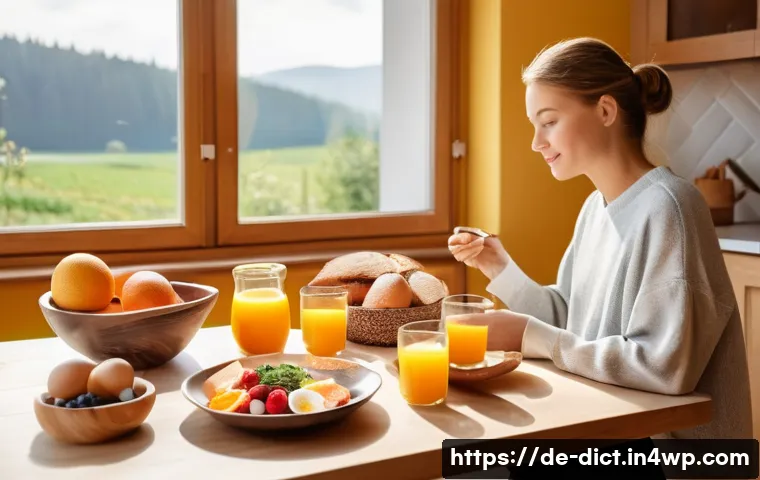 우울증 예방을 위한 영양소 섭취 시간 - A bright, modern German kitchen scene in the morning with a person sitting at a breakfast table, wea...
