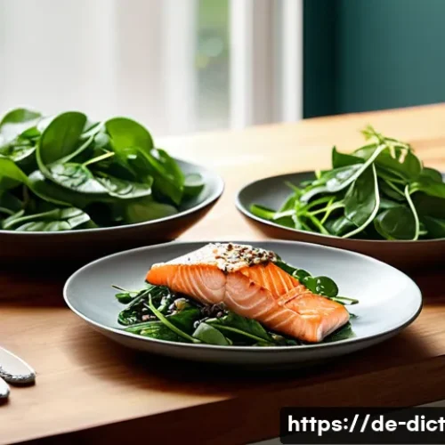 Home 33 우울증 완화를 위한 간편한 요리 레시피 - A cozy kitchen scene featuring a freshly prepared salmon fillet plated alongside a vibrant walnut an...