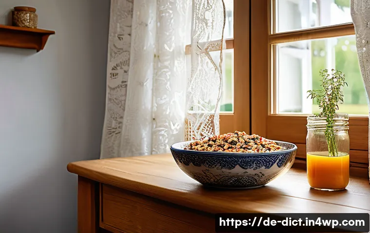 우울증 환자에게 추천하는 건강한 간식 - A cozy German kitchen scene with a wooden table featuring a homemade muesli bar made of oats, nuts, ...