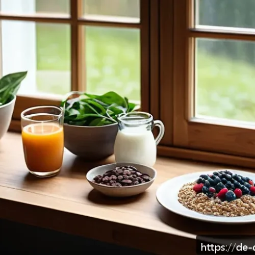 Home 31 우울증 예방을 위한 식사 계획 세우기 - A cozy modern German kitchen scene featuring a healthy breakfast spread on a wooden table by a large...
