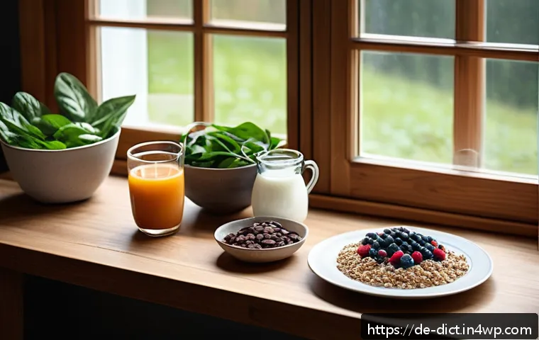 우울증 예방을 위한 식사 계획 세우기 - A cozy modern German kitchen scene featuring a healthy breakfast spread on a wooden table by a large...