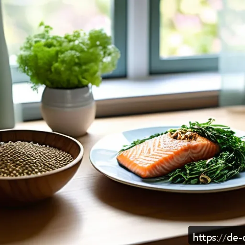우울증을 위한 영양소별 식단 가이드 - A vibrant, cozy kitchen scene in a modern German apartment featuring a wooden table set with a color...