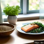 Home 18 우울증을 위한 영양소별 식단 가이드 - A vibrant, cozy kitchen scene in a modern German apartment featuring a wooden table set with a color...