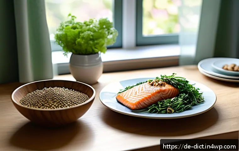 우울증을 위한 영양소별 식단 가이드 - A vibrant, cozy kitchen scene in a modern German apartment featuring a wooden table set with a color...