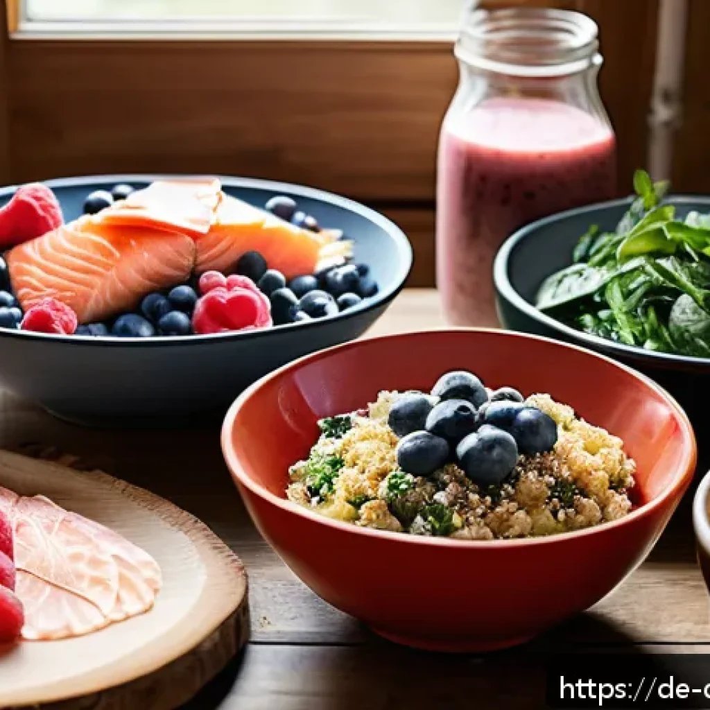 우울증 환자를 위한 식이요법의 중요성 - A vibrant, cozy kitchen scene in a modern German apartment, showcasing a diverse spread of mood-boos...