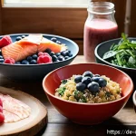Home 23 우울증 환자를 위한 식이요법의 중요성 - A vibrant, cozy kitchen scene in a modern German apartment, showcasing a diverse spread of mood-boos...