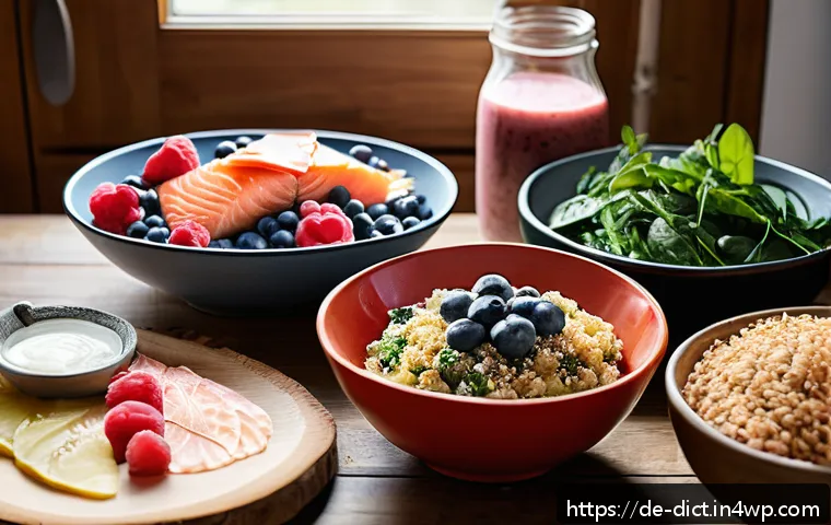 우울증 환자를 위한 식이요법의 중요성 - A vibrant, cozy kitchen scene in a modern German apartment, showcasing a diverse spread of mood-boos...