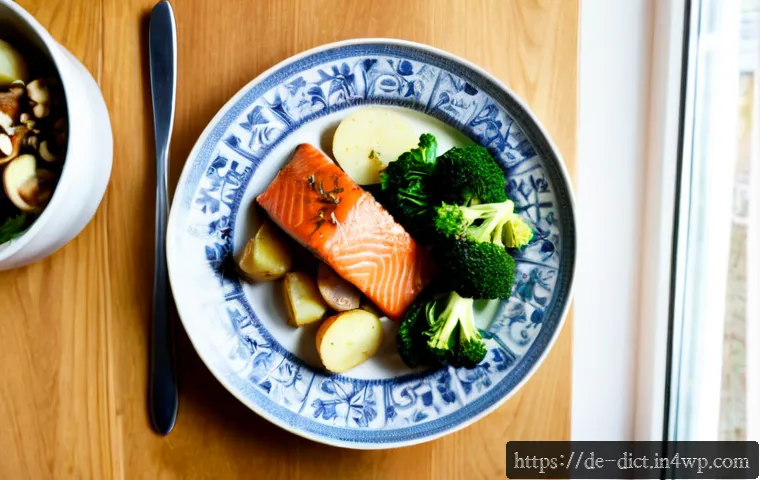 Home 17 우울증 완화를 위한 식단 관리 팁 - Photorealistic overhead view of a calm, nourishing German-style lunch for mood-supportive healthy ea...
